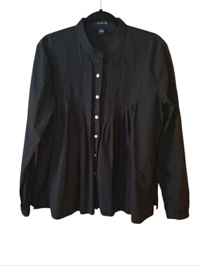 Black Pintuck Collarless Button-Front Shirt by Jackie Blue